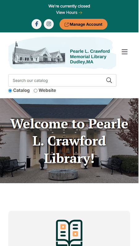 Screenshot of a university website homepage featuring navigation links, the Pearle L. Crawford Memorial Library section, an announcement area, upcoming event details, resource links, and a footer with contact information and logos.