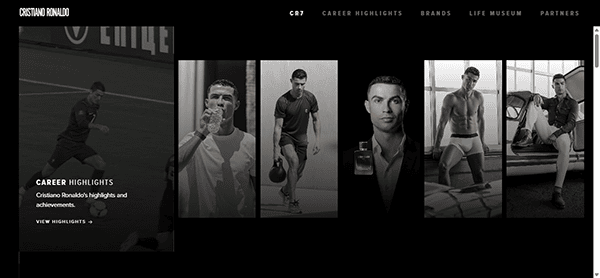 Five images of Cristiano Ronaldo are displayed, showing him playing soccer, drinking water, exercising, advertising cologne, and posing in athletic wear—an inspiring showcase for those seeking the best portfolio websites.
