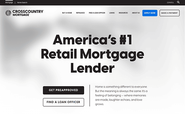 Screenshot of the CrossCountry Mortgage website homepage, one of the best mortgage websites, displaying a bold headline stating "America's #1 Retail Mortgage Lender" with buttons for preapproval and finding a loan officer.