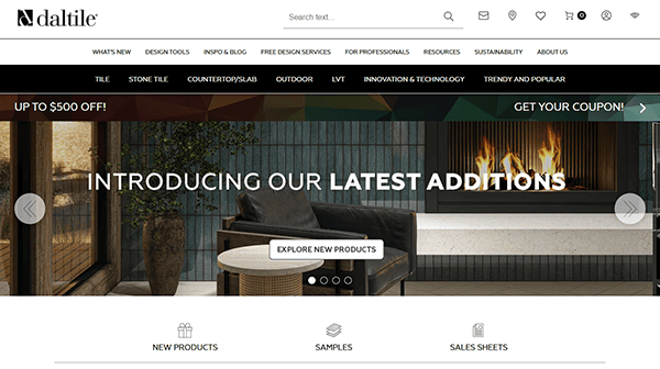 Screenshot of Daltile's homepage, one of the top tile websites, featuring a banner that reads "Introducing Our Latest Additions" with a button to explore new products and navigation menus at the top.