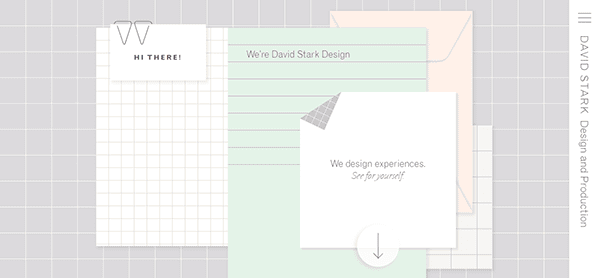 A minimalist website homepage features layered pastel papers with text, including “We’re David Stark Design” and “We design experiences. See for yourself.”—inspiration for the best wedding planner websites.