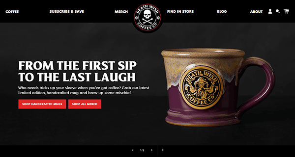A ceramic mug with the Death Wish Coffee logo is displayed on a dark background next to promotional text for handcrafted mugs and merchandise, showcasing how Small Business Websites can effectively highlight unique products.