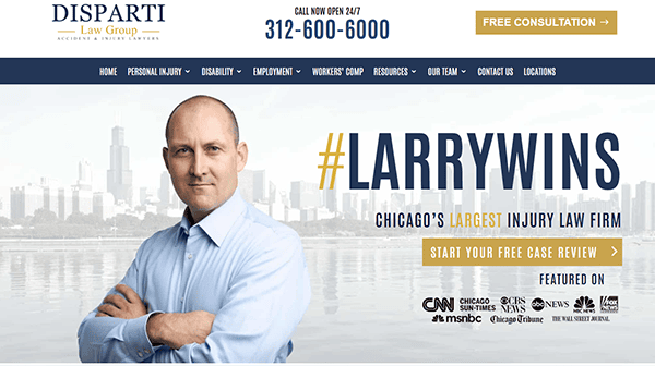 A man in a suit stands confidently with arms crossed next to "#LARRYWINS," promoting Disparti Law Group, Chicago’s largest personal injury law firm, featured on the best personal injury websites, with contact info and media logos.