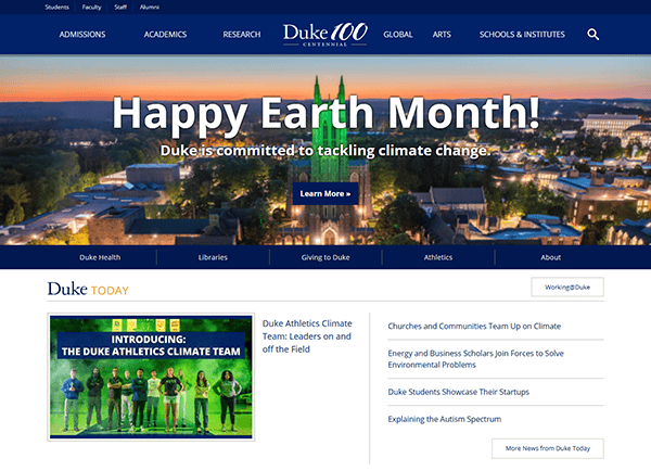Screenshot of Duke University's homepage, one of the best school websites, featuring an "Earth Month" banner highlighting their commitment to climate change, with links to university news and resources below.