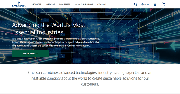 Emerson's website homepage highlights advancing essential industries and sustainable solutions, ideal for those seeking top-notch industrial electrician resources. The background features digital graphics with lines and symbols to reflect cutting-edge innovation.