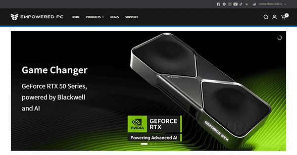 Website banner showcasing a GeForce RTX 50 Series graphics card. Text reads: "Game Changer - GeForce RTX 50 Series, powered by Blackwell and AI." Perfect for top performance in gaming, from immersive graphics to the best laptop repair services.
