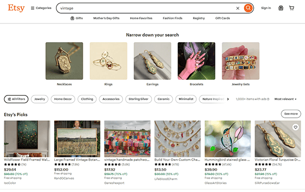 Etsy search results for "vintage" showcasing categories like earrings and bracelets, plus a curated selection of vintage-themed product listings—perfect for fans of vintage clothing websites and the best vintage clothing finds, complete with prices and seller names.