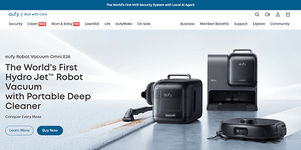 A website homepage displays the eufy Robot Vacuum Omni E28, with product images, headline text, and navigation menu at the top—showcasing why it's featured on the best smart home websites.