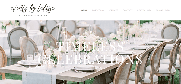 Elegant outdoor table setting with white flowers, candles, and neutral-toned chairs, featuring the text "Timeless Celebrations"—ideal inspiration for wedding planning. Website navigation bar is visible at the top.