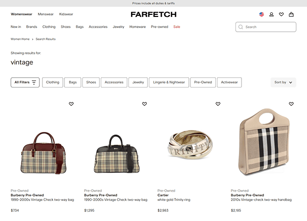 Screenshot of Farfetch search results for "vintage," displaying pre-owned Burberry check bags, a silver Trinity ring, and top filter options—showcasing how vintage clothing websites curate the best vintage clothing and accessories.