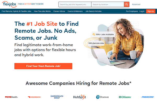 Homepage of FlexJobs website promoting remote job opportunities, featuring a woman using a laptop and logos of well-known companies—making it one of the top recruiting sites for remote work seekers.
