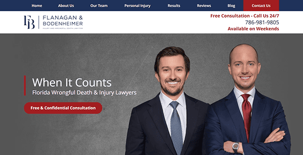 Screenshot of a law firm website showing two men in suits, the firm name "Flanagan & Bodenheimer," and contact information for Florida wrongful death and personal injury lawyers—featured among the best personal injury websites.