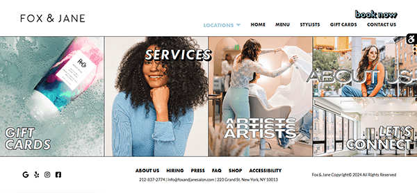 Homepage of Fox & Jane salon—an inspiring example of salon website design—featuring sections for gift cards, services, artists, about, and contact, with stylish images and navigation links at the top.