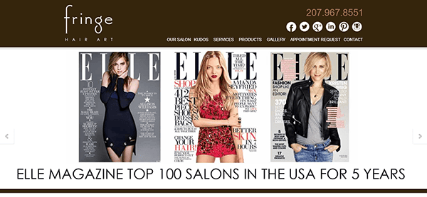 Fringe Hair Art salon website header features three ELLE magazine covers, their “Top 100 Salons in the USA for 5 Years” honor, phone number, and showcases standout salon website design among the best salon websites.