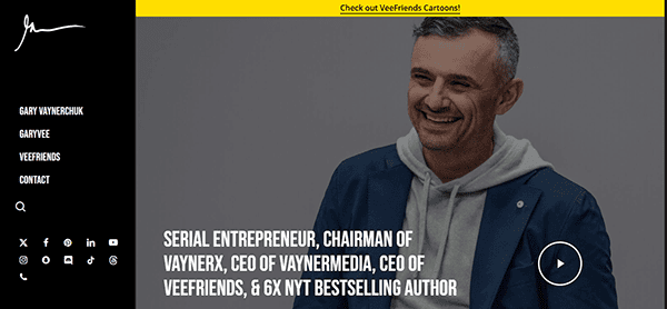 A man wearing a gray hoodie and blue blazer smiles. Text identifies him as a serial entrepreneur, chairman of VaynerX, and CEO of VaynerMedia and VeeFriends—one of the best portfolio website examples for creative leaders.