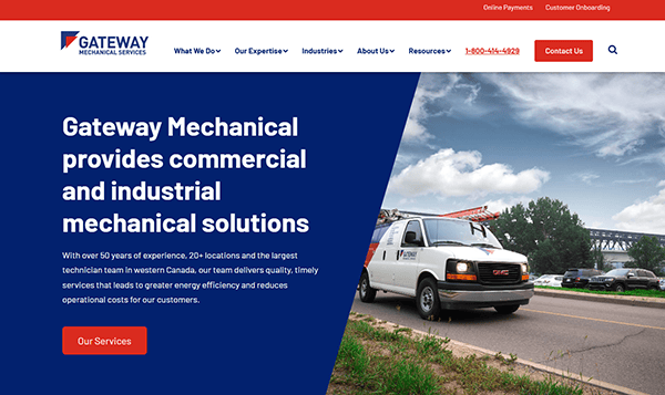 The Gateway Mechanical Services homepage features essential company information alongside a service van image, topped with user-friendly navigation options. Discover why it's among the best industrial electrician resources for your mechanical needs.