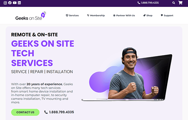 Geeks on Site webpage showcases a smiling man beside a laptop, highlighting its offerings as one of the best laptop repair websites. Services include remote and on-site tech support, service, repair, and installation. Contact details are conveniently provided at the bottom.