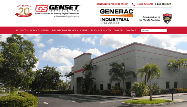 Front view of a building with palm trees, showcasing the Genset Services logo and promotional banners for Generac Industrial Power and the Florida Panthers partnership, highlighting top trends from leading industrial electrician websites.