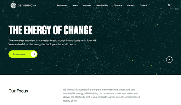 The GE Vernova homepage showcases "The Energy of Change," with a green "Explore now" button, highlighting their commitment to sustainable energy. This echoes themes often found on industrial electrician websites detailing cutting-edge solutions.