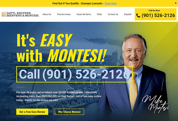 A man in a suit stands beside text promoting personal injury legal services, with a prominent phone number (901) 526-2126 and a yellow call-to-action bar for a free case review—hallmarks of top personal injury websites.