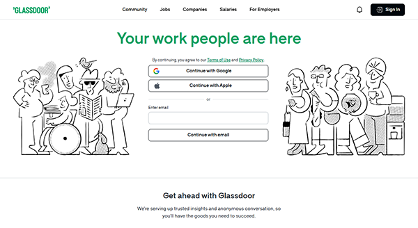 Glassdoor sign-in page with illustrated people, options to continue with Google, Apple, or email, and links to join community, find jobs, read company reviews, and compare salaries—one of the top recruiting sites for job seekers.