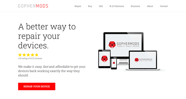 Gophermods website showcasing various devices, including laptops. Text reads, "A better way to repair your devices." Button below says, "Repair Your Device." Discover the best laptop repair solutions right here.