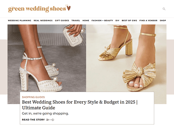 Screenshot of a website featuring two pairs of embellished wedding shoes with the headline: “Best Wedding Shoes for Every Style & Budget in 2025 | Ultimate Guide”—a must-see for seamless wedding planning inspiration on the best wedding websites.