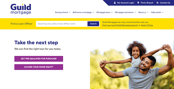 Guild Mortgage website homepage with navigation bar, search field, and easy options to get pre-qualified for a mortgage or access home equity. Image features a man giving a child a piggyback ride, highlighting one of the best mortgage websites.