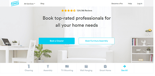 Discover a seamless experience on our website landing page designed for booking home services. As a top local service company, we offer options to "Book a Cleaner" or "Book Furniture Assembly," complemented by intuitive icons for services like cleaning and TV mounting.