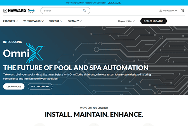 Screenshot of Hayward’s website homepage featuring an OmniX pool and spa automation ad, intuitive navigation menus, a “Dealer Locator” button at the top, and resources for pool builder websites.