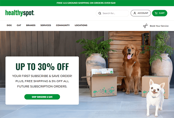 A Golden Retriever and a Chihuahua stand by subscription boxes on a porch; the banner, inspired by the best pet shop websites, advertises up to 30% off first orders and free shipping on healthyspot pet products.