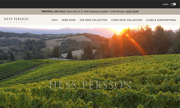 Vineyard landscape at sunset with rolling hills and green grapevines; elegant website banner for Hess Persson Estates, inspired by the best winery websites.