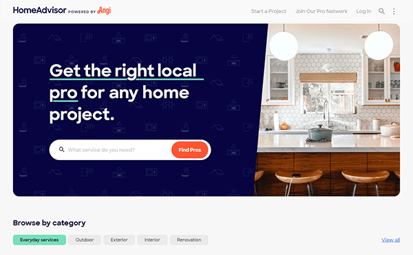 The HomeAdvisor homepage screenshot showcases a search bar for finding local professionals ideal for home projects. With captivating kitchen imagery and category options like everyday services and renovation, it stands out among the best local service websites.