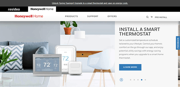 Website homepage for Honeywell Home by Resideo displaying smart thermostats in a modern living room setting, with a headline promoting installation of a smart thermostat—an inspiring example among the best Smart Home websites.