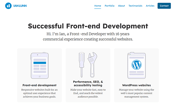 A website section titled "Successful Front-end Development" highlights services including front-end development, performance and accessibility testing, WordPress website management, and tips for creating the best portfolio websites.