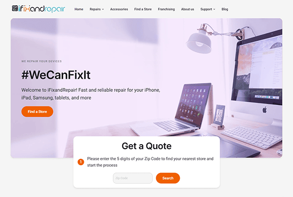 The homepage of iFixandRepair highlights our expert laptop repair services alongside other device repairs. Featuring a "Get a Quote" section, simply enter your ZIP code for service details. A sleek desk setup with a computer and lamp adds to the professional feel.