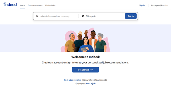 Screenshot of Indeed's homepage featuring a search bar for job title and location, an illustration of diverse people, and a prompt to sign in or create an account—showcasing why it’s considered one of the best recruiting websites.