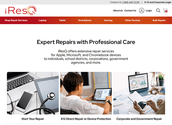 The iResQ homepage showcases exceptional electronic repair services, including laptop repair. Explore options for starting a quick fix or dive into specialized K12 direct repair and device protection plans. Discover why it's among the best laptop repair websites for corporate and government needs.