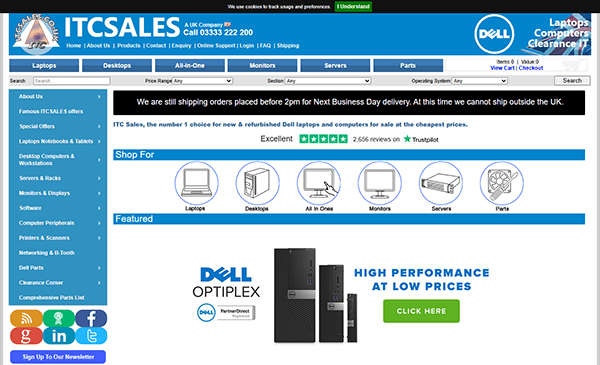 The screenshot of the ITC Sales homepage features categories like laptops and monitors. A banner promotes Dell Optiplex, while top offers highlight UK shipping info. Icons for Trustpilot reviews assure quality, much like the best laptop repair expertise you'd find on dedicated websites.