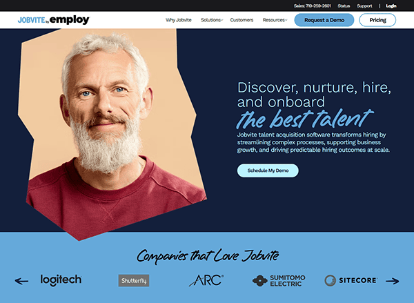 A man with gray hair and beard smiles at the camera on a Jobvite recruitment platforms page promoting talent acquisition, with logos of partner companies below.