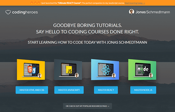 Screenshot of a website promoting coding courses by Jonas Schmedtmann, featuring options for mastering HTML and CSS, JavaScript, React, and Node.js to help you build the best portfolio websites and standout personal portfolio websites.