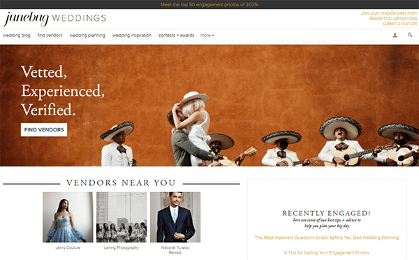 Screenshot of one of the best wedding websites, featuring a couple embracing and a mariachi band, with sections for finding vendors and essential wedding planning resources.