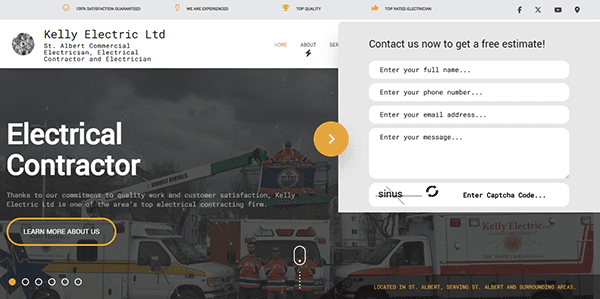 Welcome to Kelly Electric Ltd, the best industrial electrician service provider. Our landing page features a seamless contact form for free estimates, set against a backdrop of skilled workers and vehicles. Experience top-tier services tailored to meet your electrical needs.
