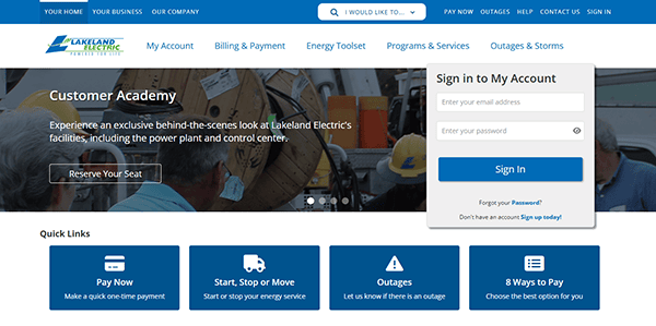 Lakeland Electric's homepage, one of the best websites in the industry, features navigation options, a sign-in pop-up, and quick links for payments, outages, and account services—offering user-friendly access akin to top electrician websites.