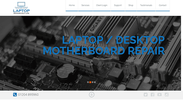 Close-up of a computer motherboard with text overlay: "Best Laptop/Desktop Motherboard Repair Services." Company logo and contact info are prominently displayed at the top and bottom, showcasing expertise in repair solutions.