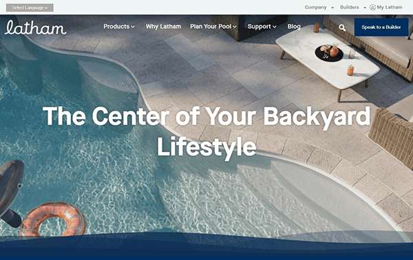 A swimming pool with curved edges and poolside furniture, overlaid with the text "The Center of Your Backyard Lifestyle"—perfect inspiration from the Best Pool Builder for your dream oasis.