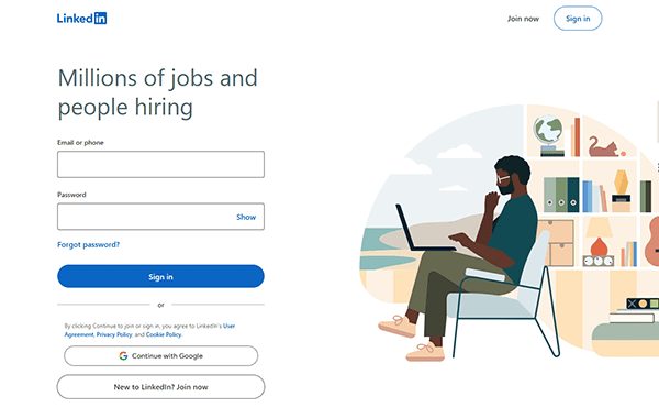 LinkedIn login page with fields for email and password on the left, and an illustration of a man using a laptop on the right—ideal for users exploring top recruiting sites or seeking the best recruiting websites.