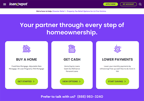 Screenshot of a LoanDepot webpage, one of the best mortgage websites, offering options to buy a home, get cash, or lower payments—with action buttons and a contact phone number at the bottom.