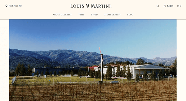 Vineyard with a modern winery building in front of tree-lined mountains under a clear blue sky at Louis M. Martini, showcasing stunning winery website design inspiration.