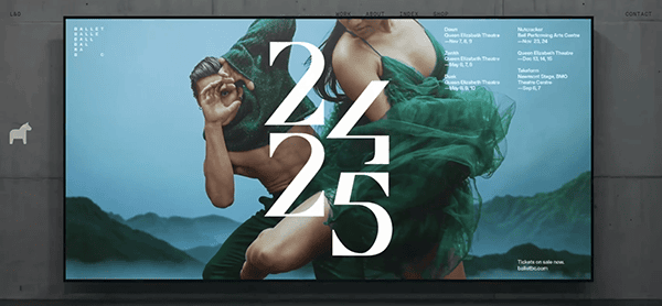 Two ballet dancers in green costumes pose dynamically against a blue background, with large white "24 25" text overlaying them, creating a striking image for one of the best portfolio websites promoting a ballet season.